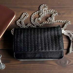 Aimee Kestenberg Black Woven Look Crossbody Leather Bag with Silver Chain